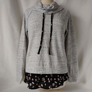 Womens Cowl Neck Gray Knit Sweatshirt Over Floral Chiffon Blouse Layered Look